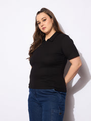 Women Black Rib Front Zipper Polo Neck Top-SFTOPS42152