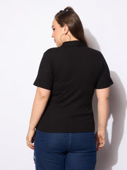 Women Black Rib Front Zipper Polo Neck Top-SFTOPS42152