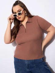 Women Brown Rib Front Zipper Polo Neck Top-SFTOPS42153