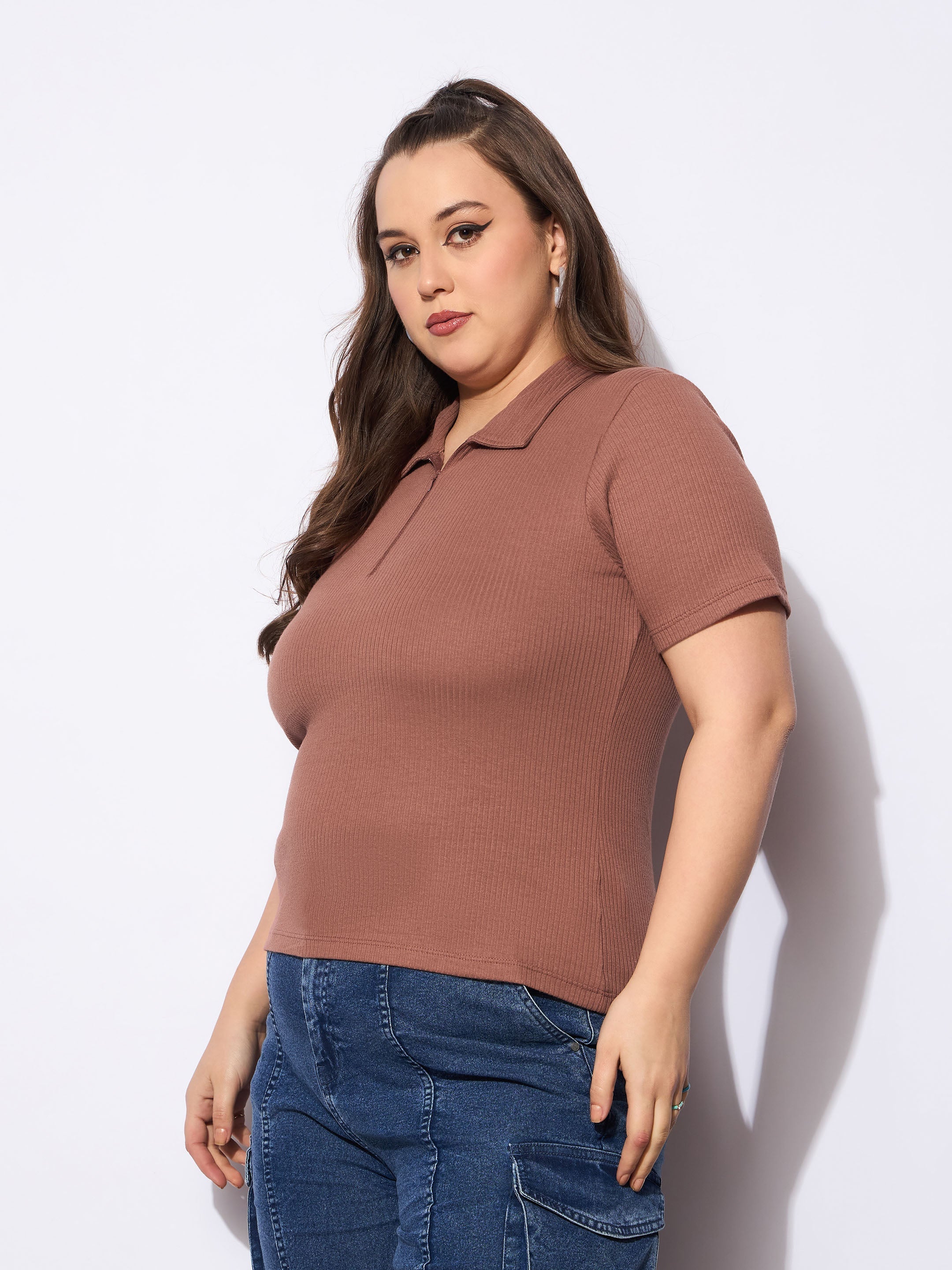 Women Brown Rib Front Zipper Polo Neck Top-SFTOPS42153