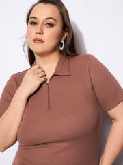 Women Brown Rib Front Zipper Polo Neck Top-SFTOPS42153
