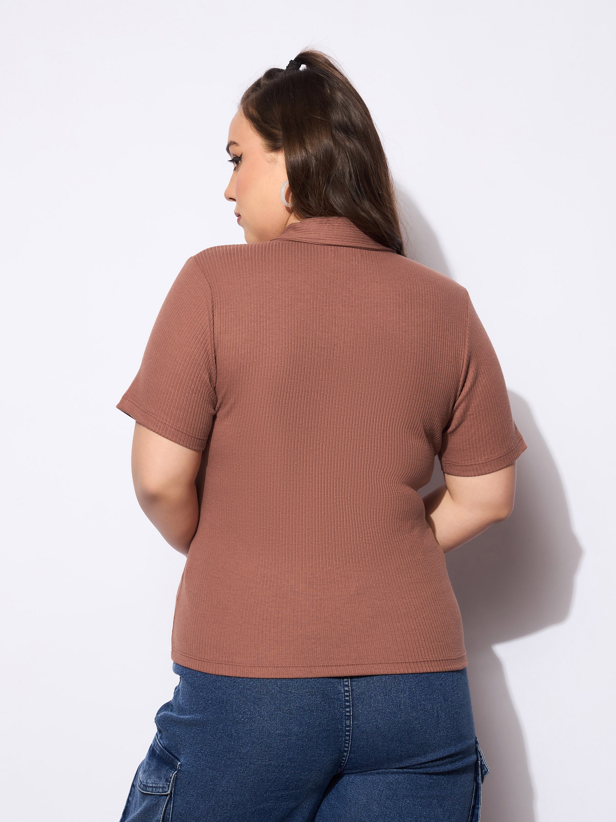 Women Brown Rib Front Zipper Polo Neck Top-SFTOPS42153