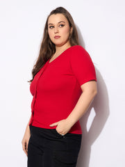 Women Red Rib Front Button Lace Detail Top-SFTOPS42157