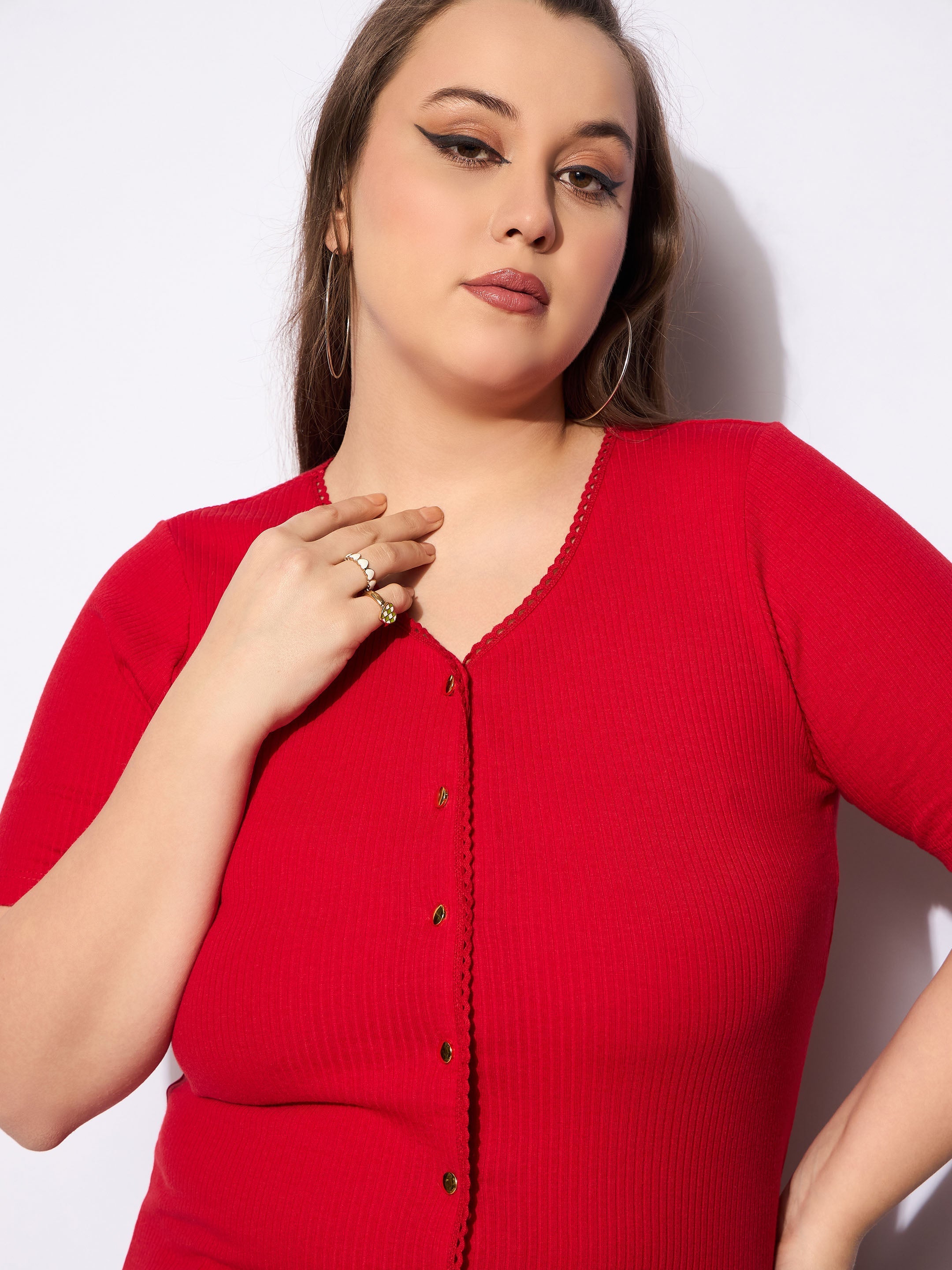 Women Red Rib Front Button Lace Detail Top-SFTOPS42157