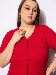 Women Red Rib Front Button Lace Detail Top-SFTOPS42157