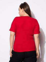 Women Red Rib Front Button Lace Detail Top-SFTOPS42157