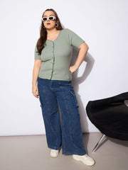 Women Green Rib Front Button Lace Detail Top-SFTOPS42158