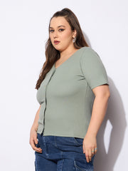 Women Green Rib Front Button Lace Detail Top-SFTOPS42158