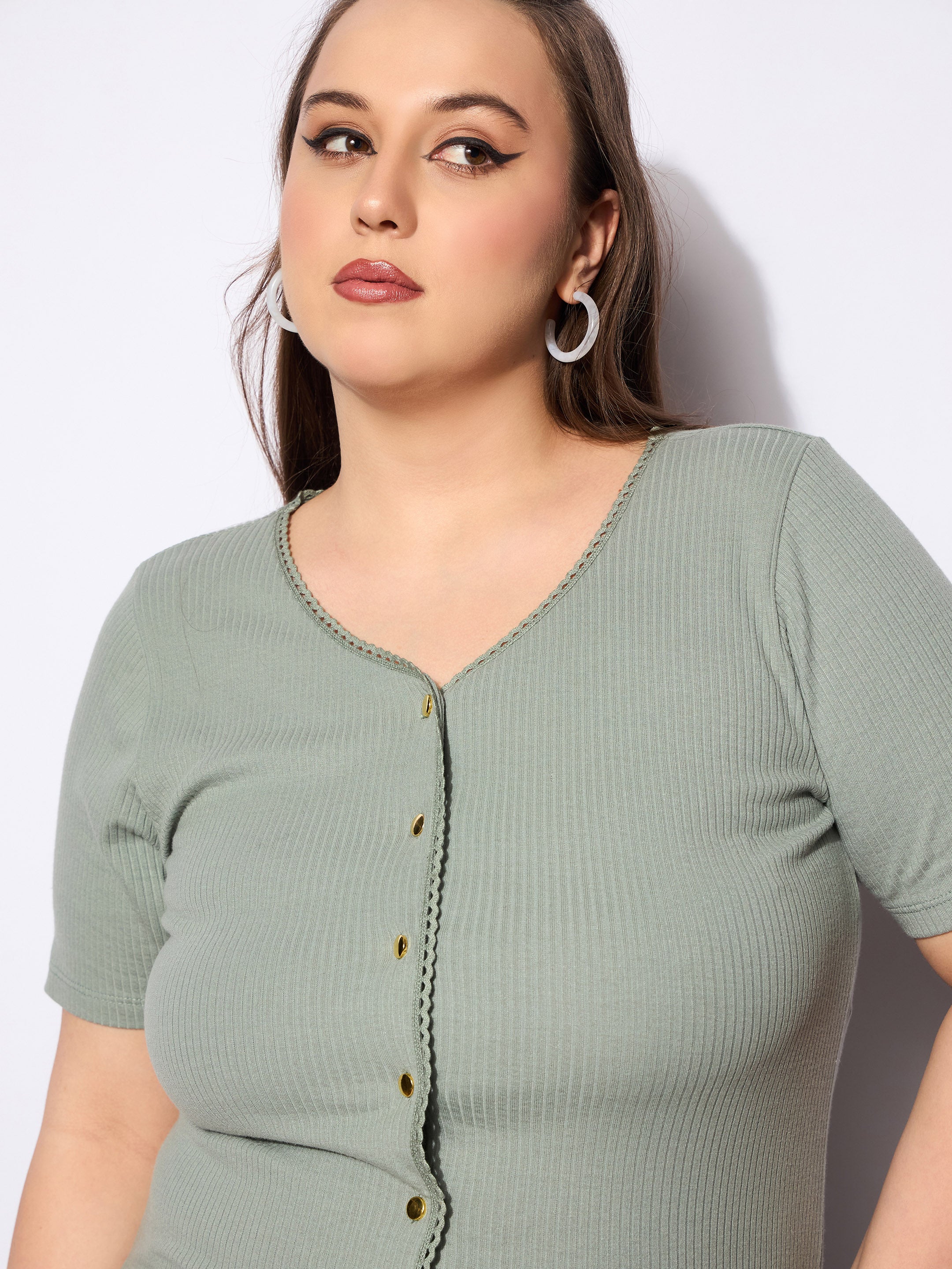 Women Green Rib Front Button Lace Detail Top-SFTOPS42158