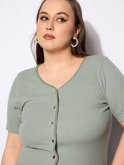 Women Green Rib Front Button Lace Detail Top-SFTOPS42158