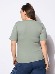 Women Green Rib Front Button Lace Detail Top-SFTOPS42158