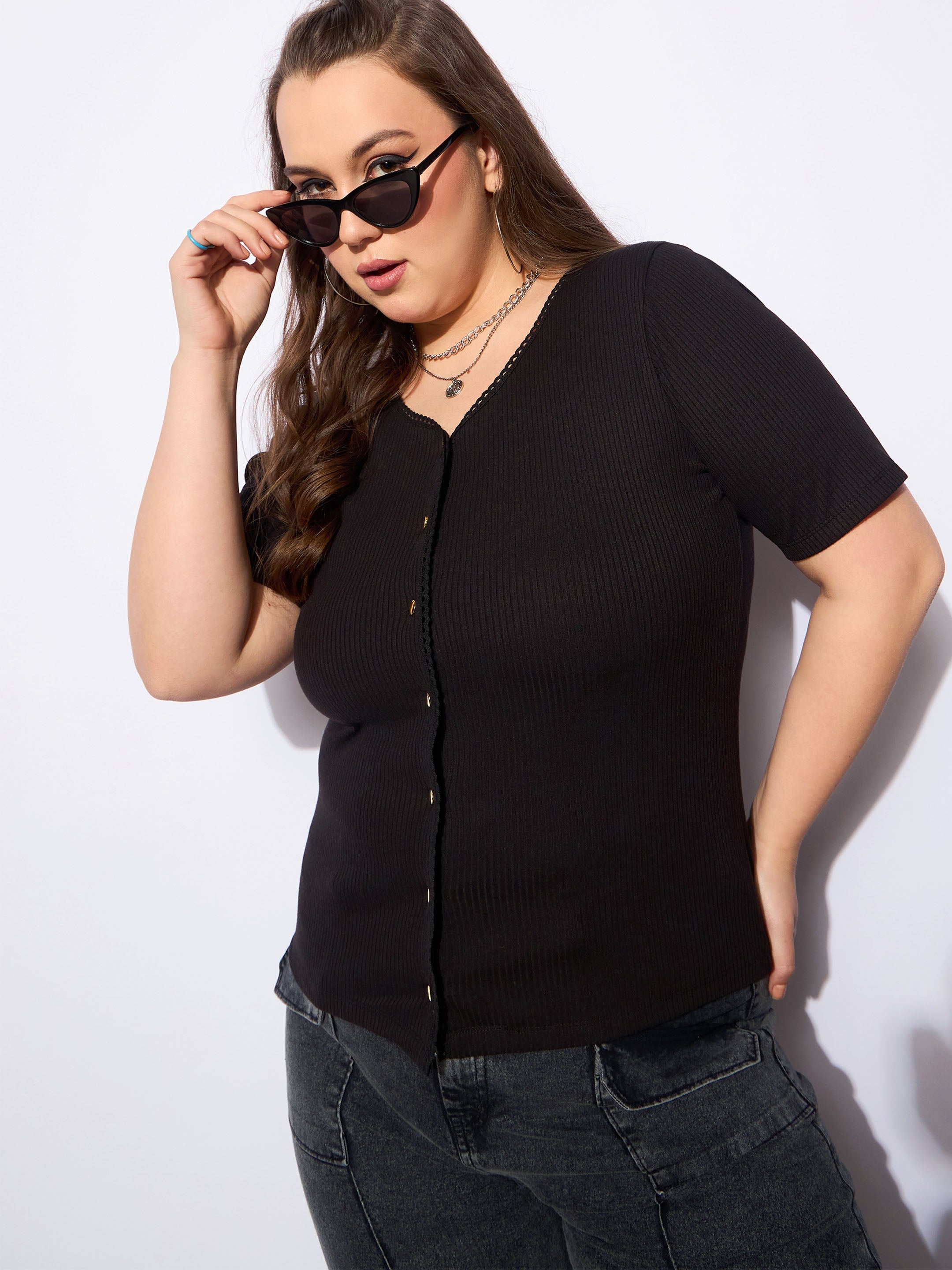 Women Black Rib Front Button Lace Detail Top-SFTOPS42159