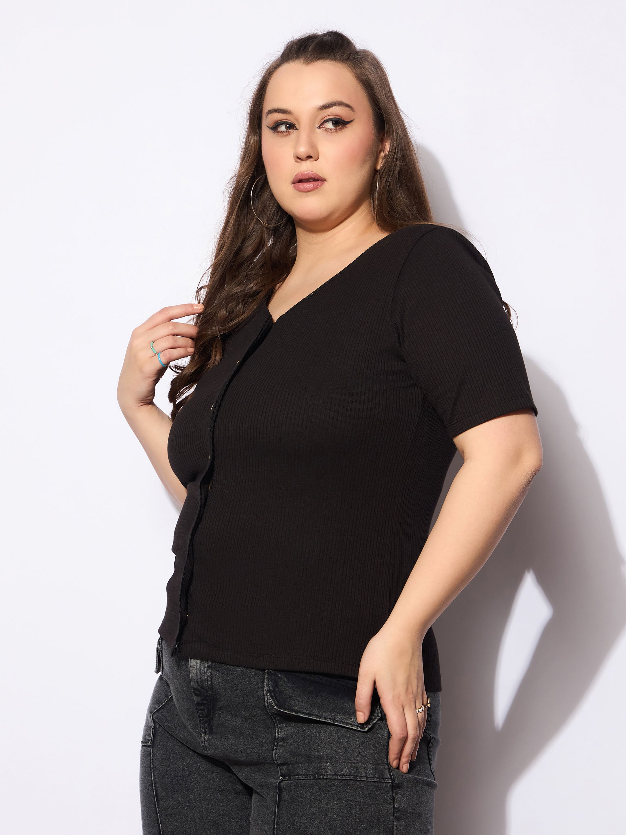 Women Black Rib Front Button Lace Detail Top-SFTOPS42159
