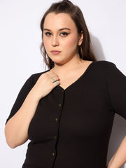 Women Black Rib Front Button Lace Detail Top-SFTOPS42159