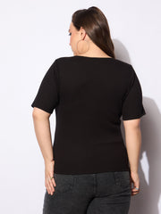 Women Black Rib Front Button Lace Detail Top-SFTOPS42159