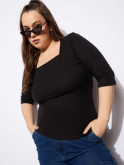 Women Black Rib Square Neck Top-SFTOPS42160