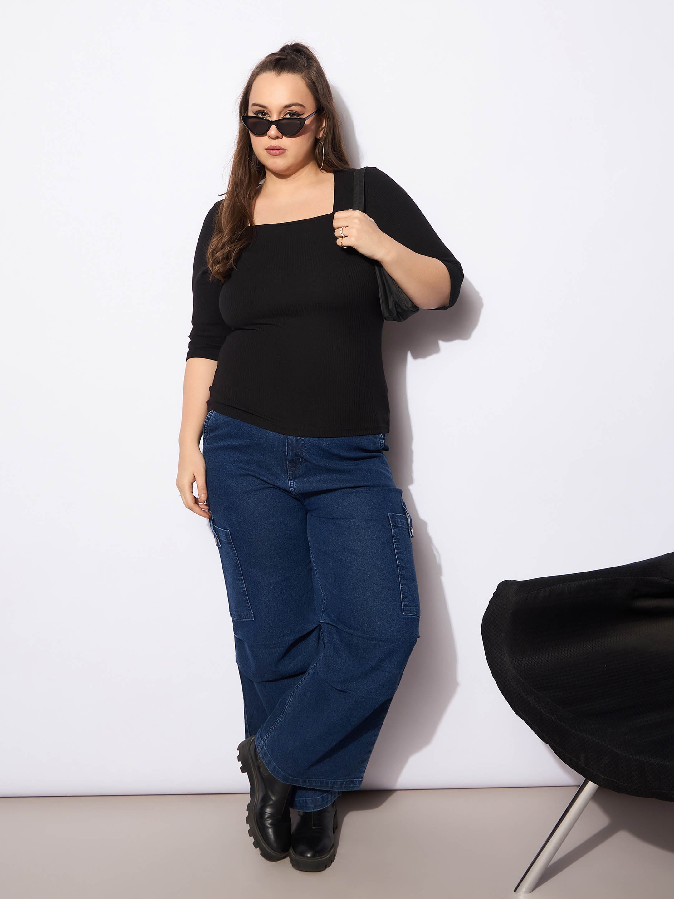 Women Black Rib Square Neck Top-SFTOPS42160