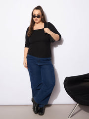 Women Black Rib Square Neck Top-SFTOPS42160