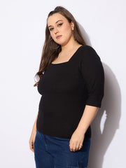 Women Black Rib Square Neck Top-SFTOPS42160