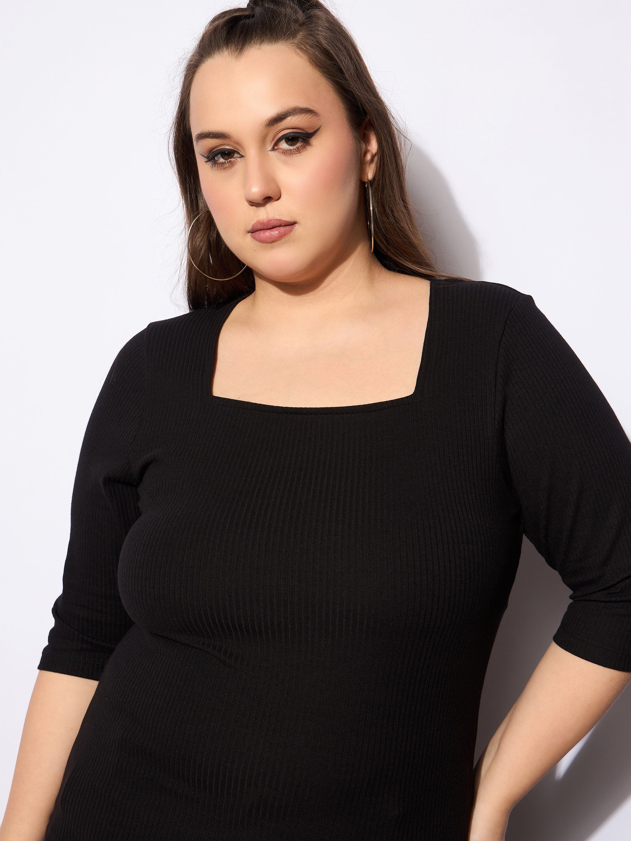 Women Black Rib Square Neck Top-SFTOPS42160