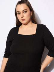 Women Black Rib Square Neck Top-SFTOPS42160