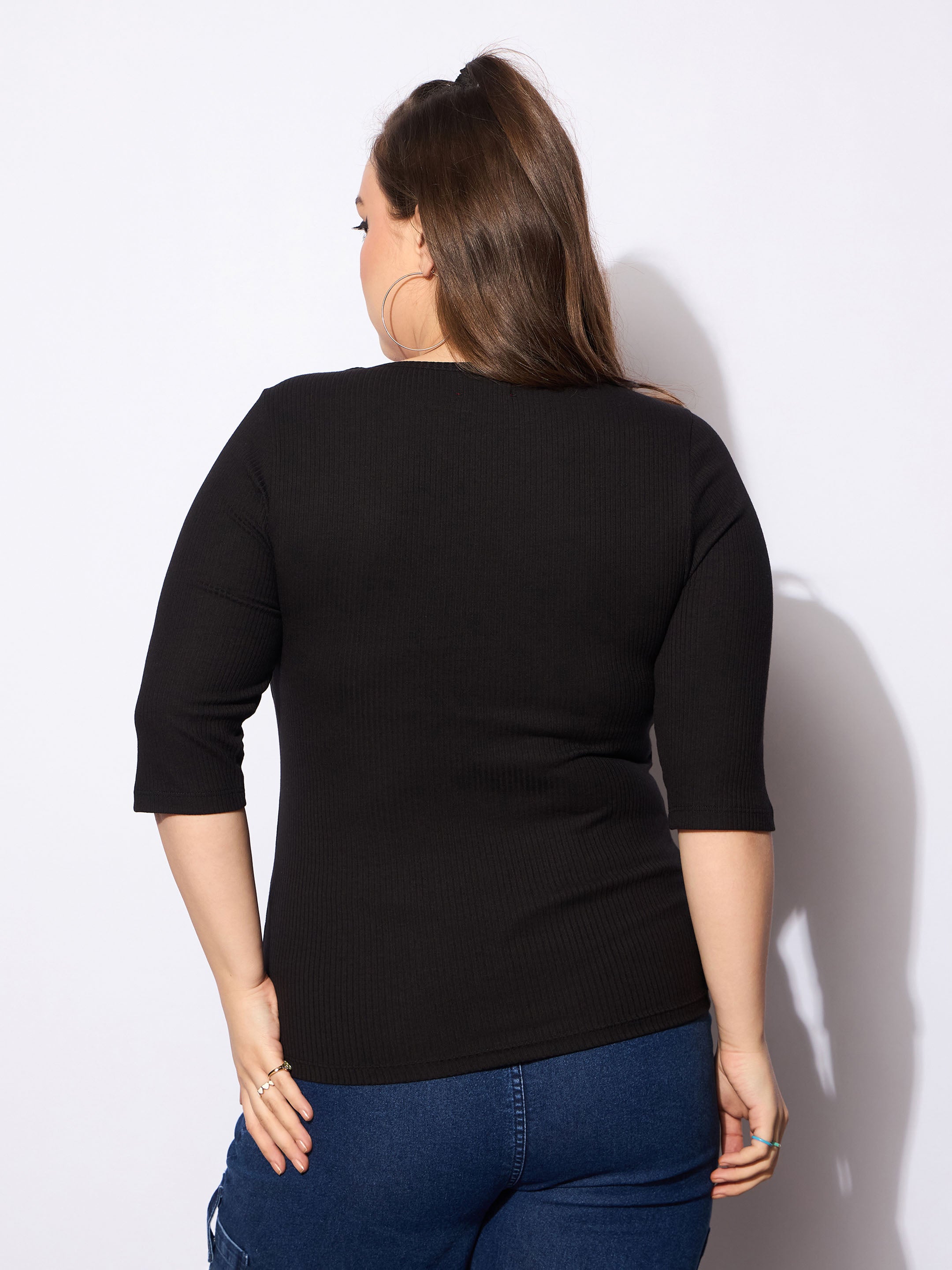 Women Black Rib Square Neck Top-SFTOPS42160