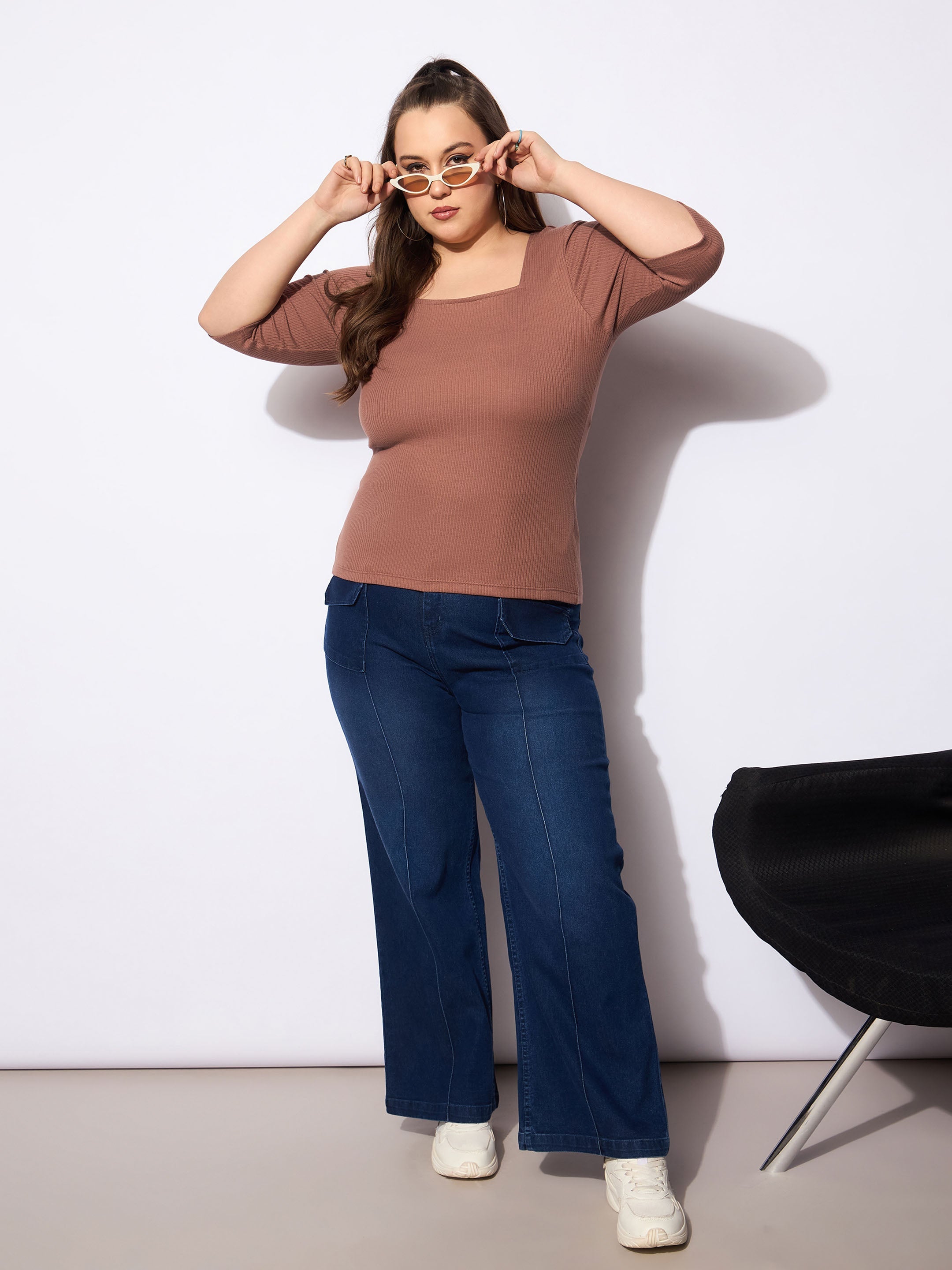Women Brown Rib Sqaure Neck Top-SFTOPS42161