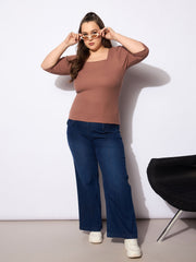 Women Brown Rib Sqaure Neck Top-SFTOPS42161