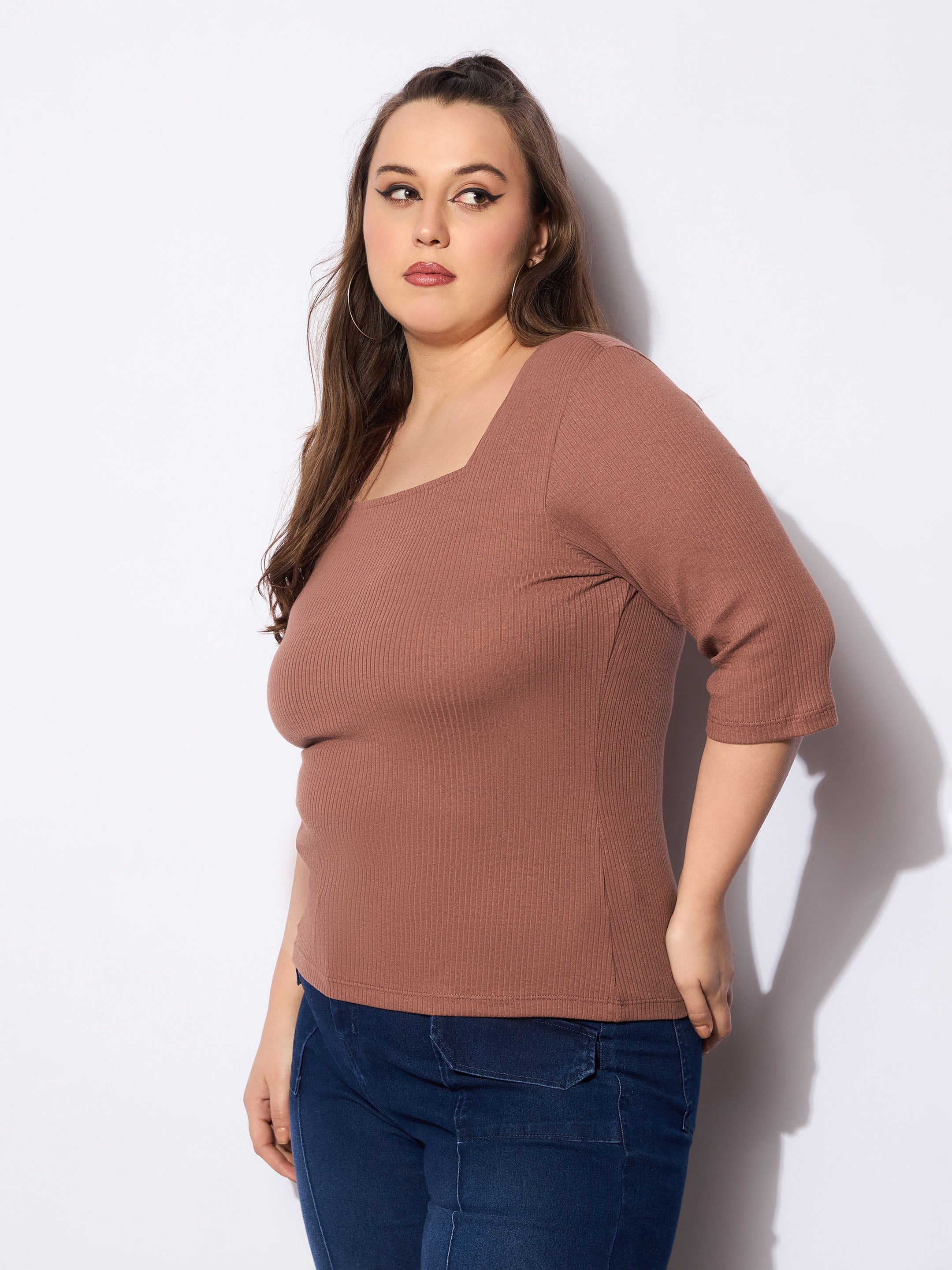 Women Brown Rib Sqaure Neck Top-SFTOPS42161