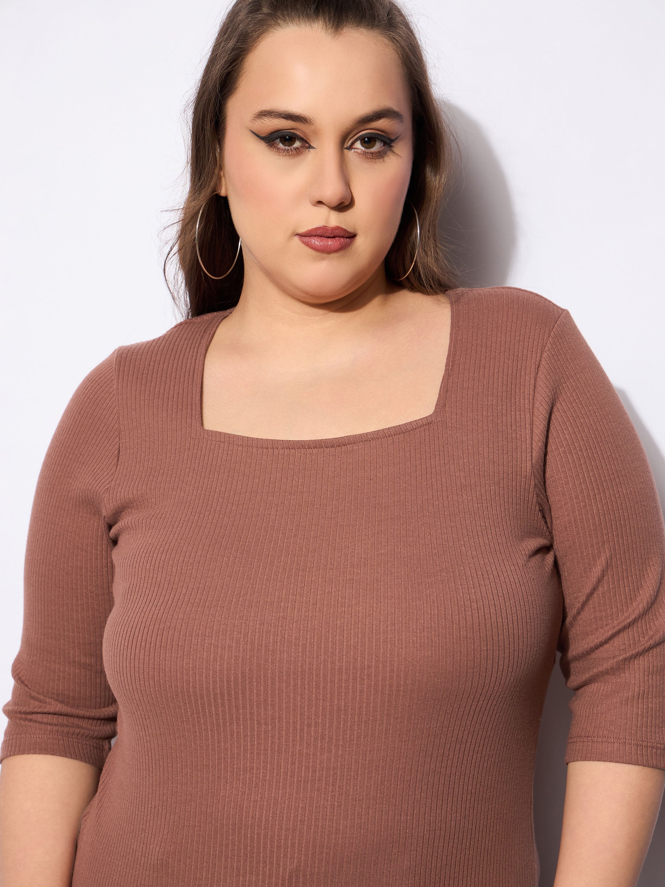 Women Brown Rib Sqaure Neck Top-SFTOPS42161