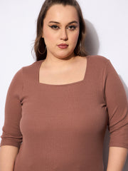 Women Brown Rib Sqaure Neck Top-SFTOPS42161