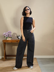 Women Black Jersey Sleeveless Ruched Crop Top-SFTOPS42164