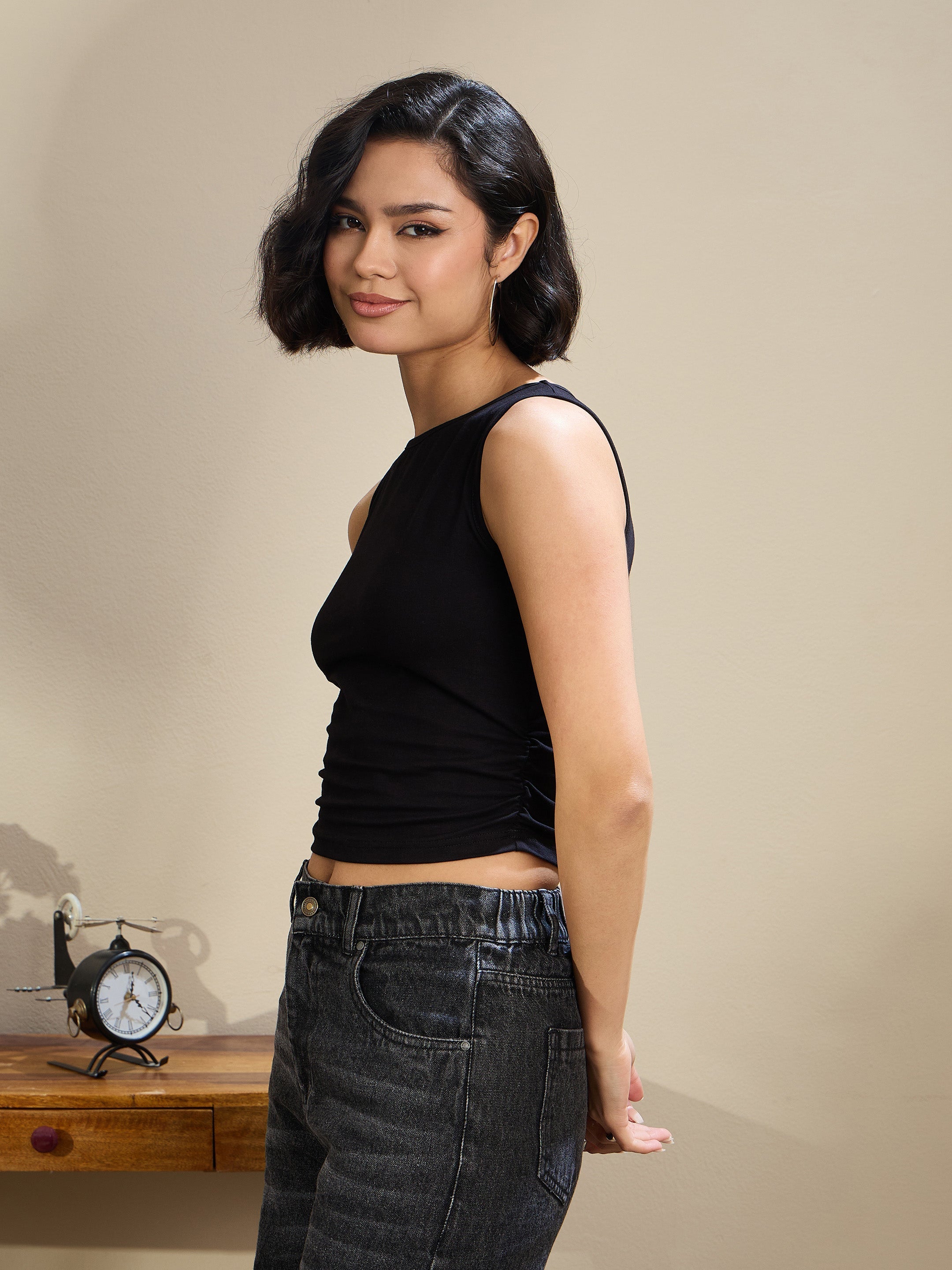 Women Black Jersey Sleeveless Ruched Crop Top-SFTOPS42164