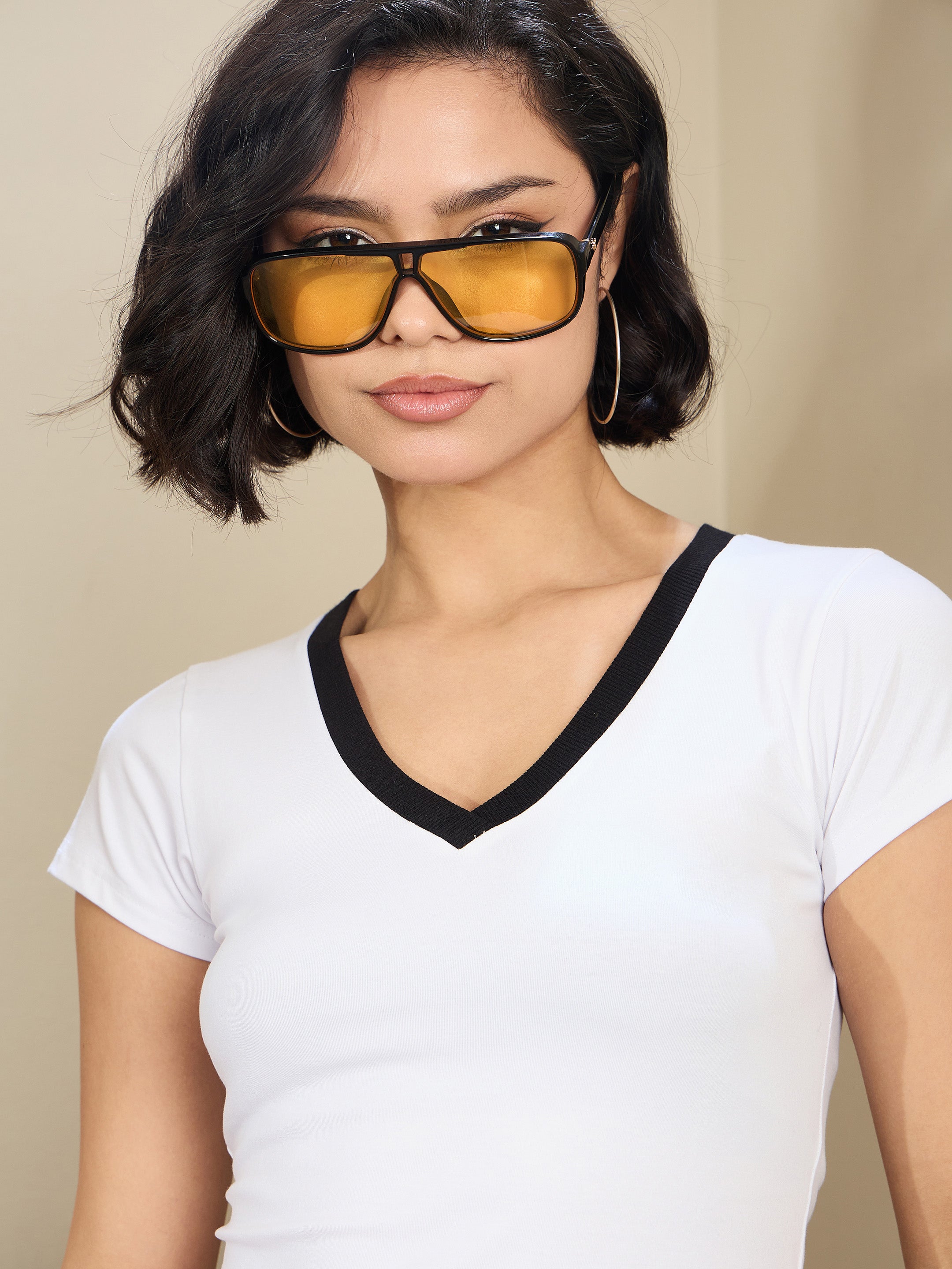 Women White Contrast Deep V-Neck Crop T-Shirt-SFTOPS42170