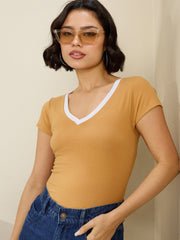 Women Tan Contrast Deep V-Neck Crop T-Shirt-SFTOPS42171