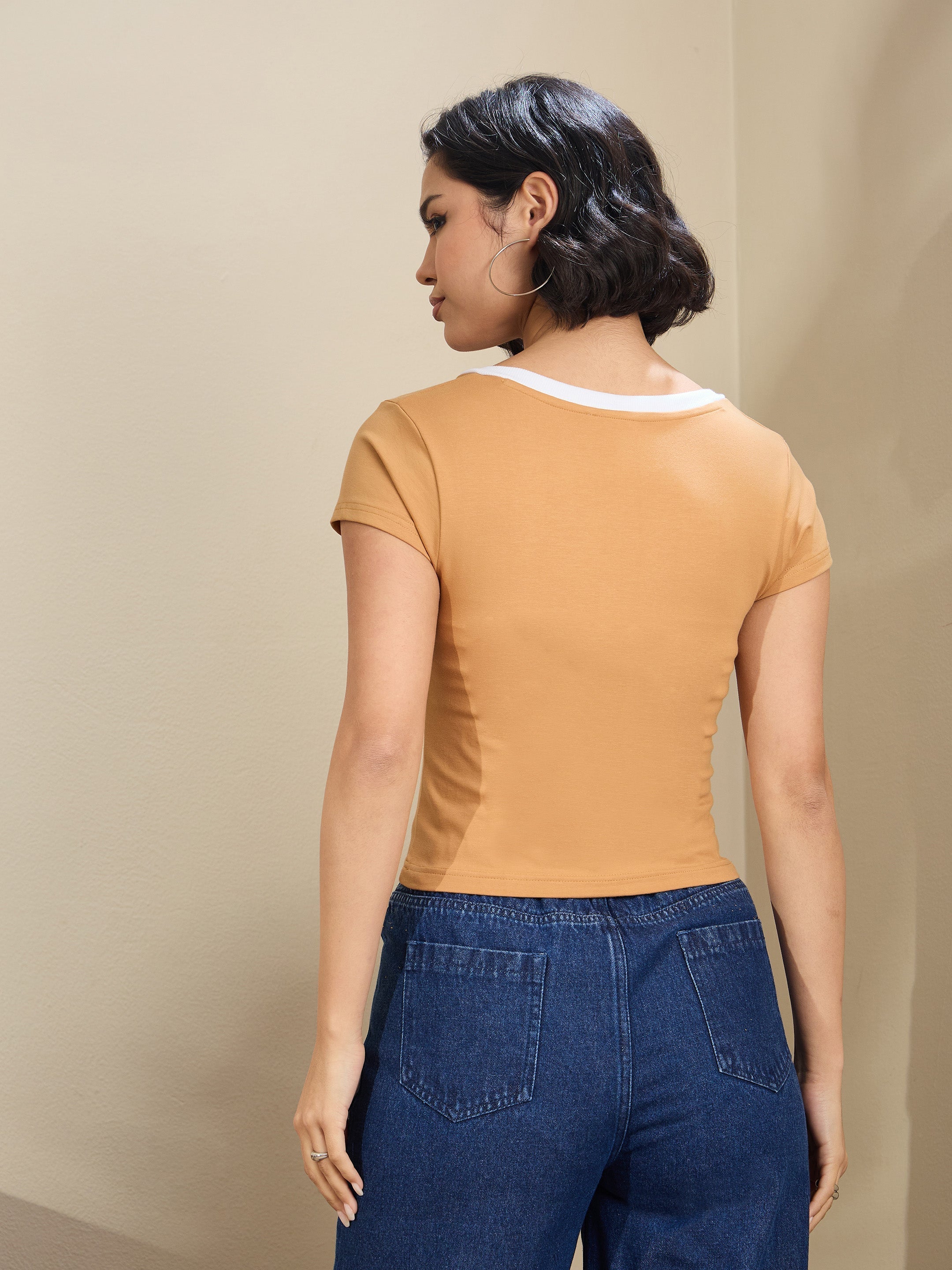Women Tan Contrast Deep V-Neck Crop T-Shirt-SFTOPS42171