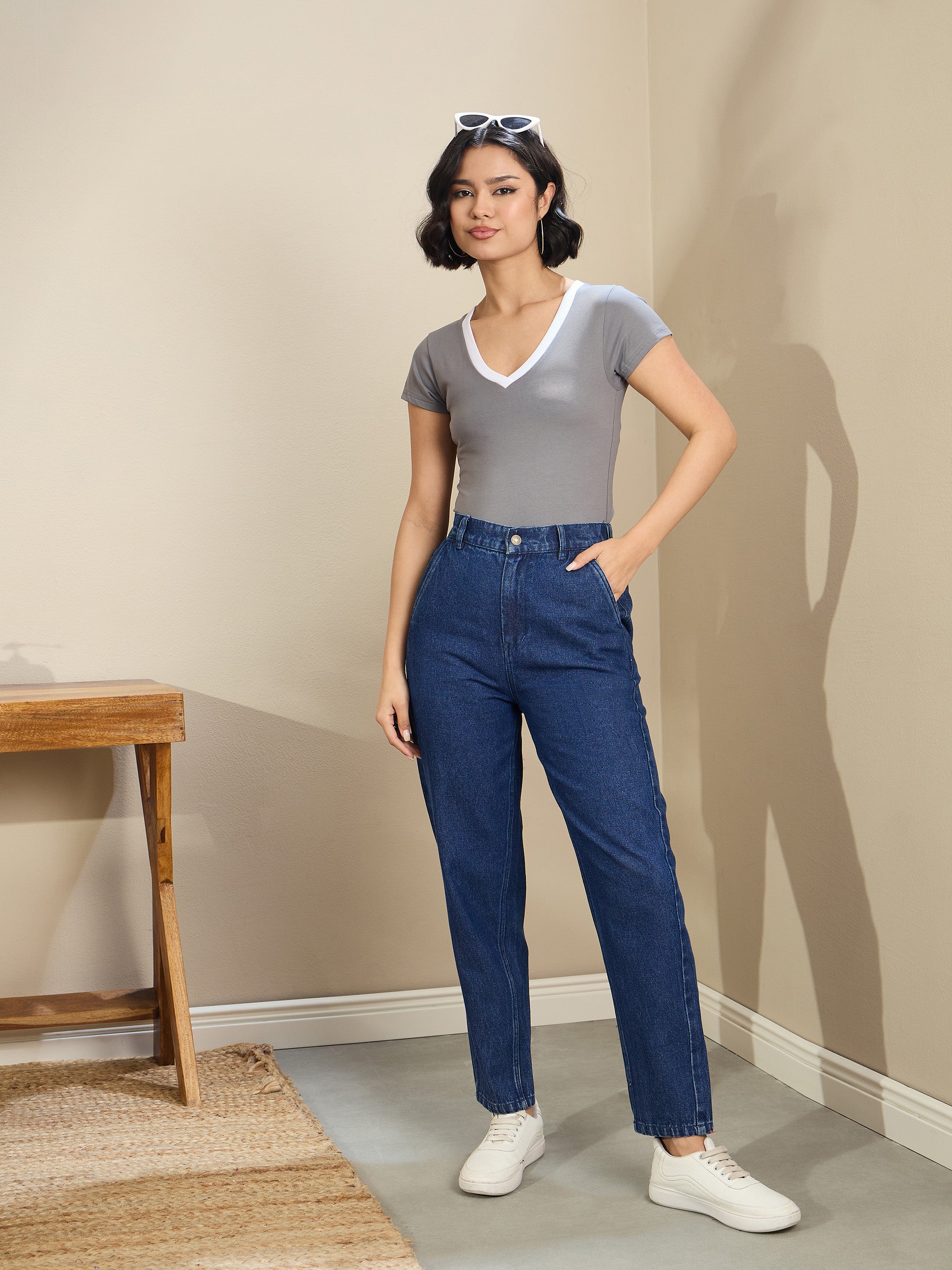 Women Grey Contrast Deep V-Neck Crop T-Shirt-SFTOPS42173