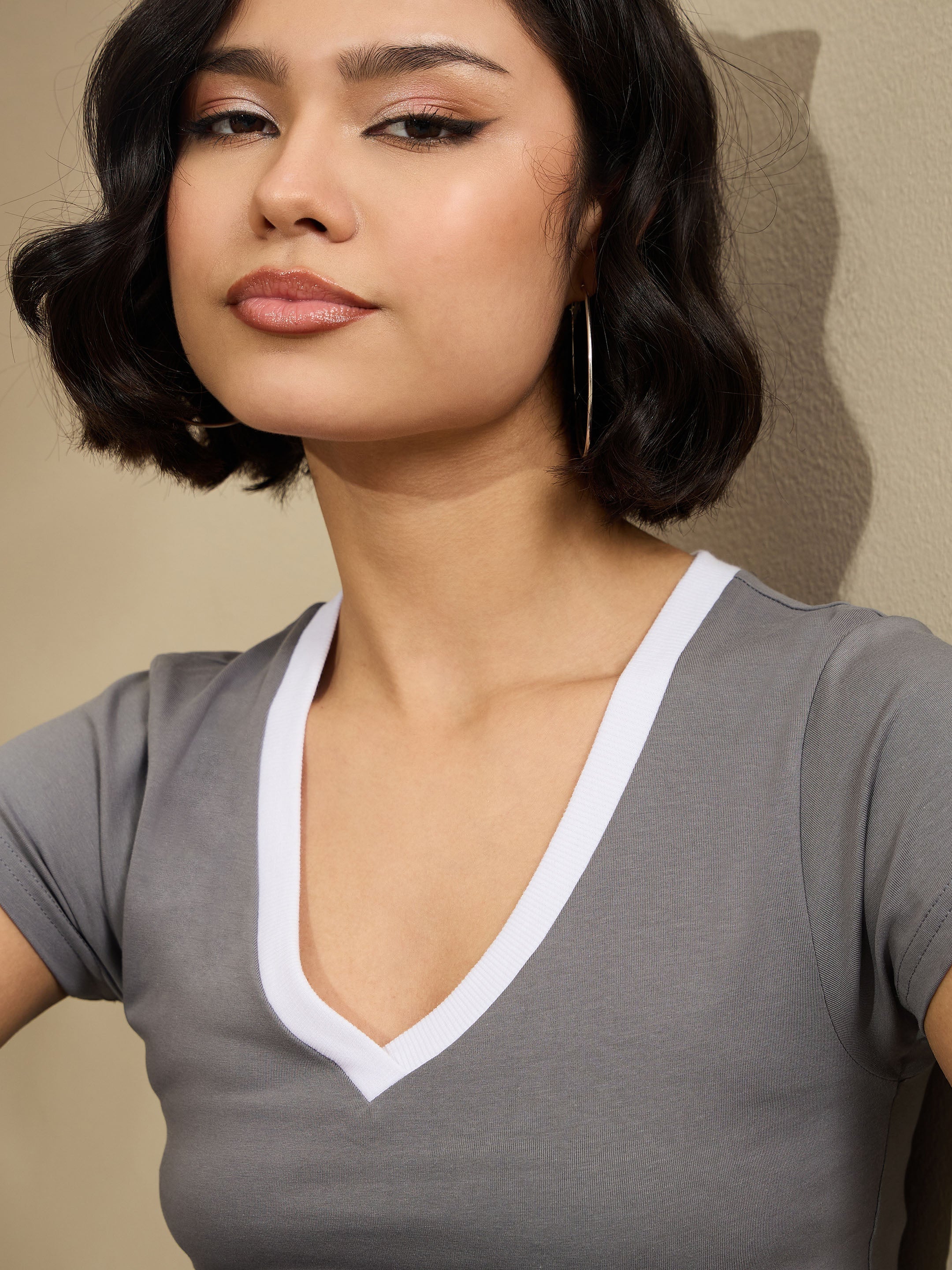 Women Grey Contrast Deep V-Neck Crop T-Shirt-SFTOPS42173