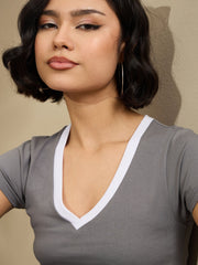 Women Grey Contrast Deep V-Neck Crop T-Shirt-SFTOPS42173