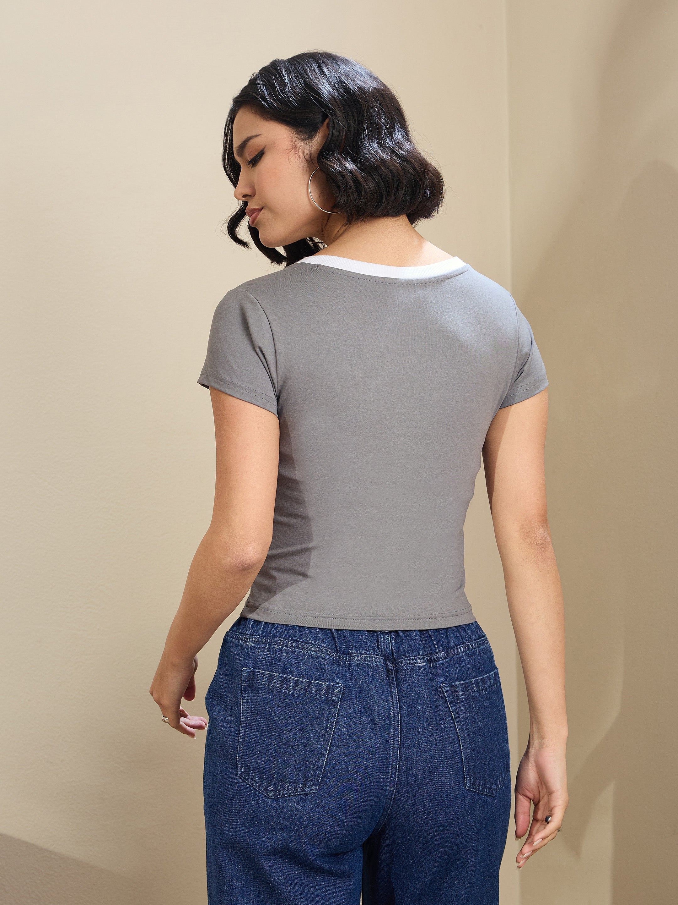 Women Grey Contrast Deep V-Neck Crop T-Shirt-SFTOPS42173