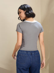 Women Grey Contrast Deep V-Neck Crop T-Shirt-SFTOPS42173