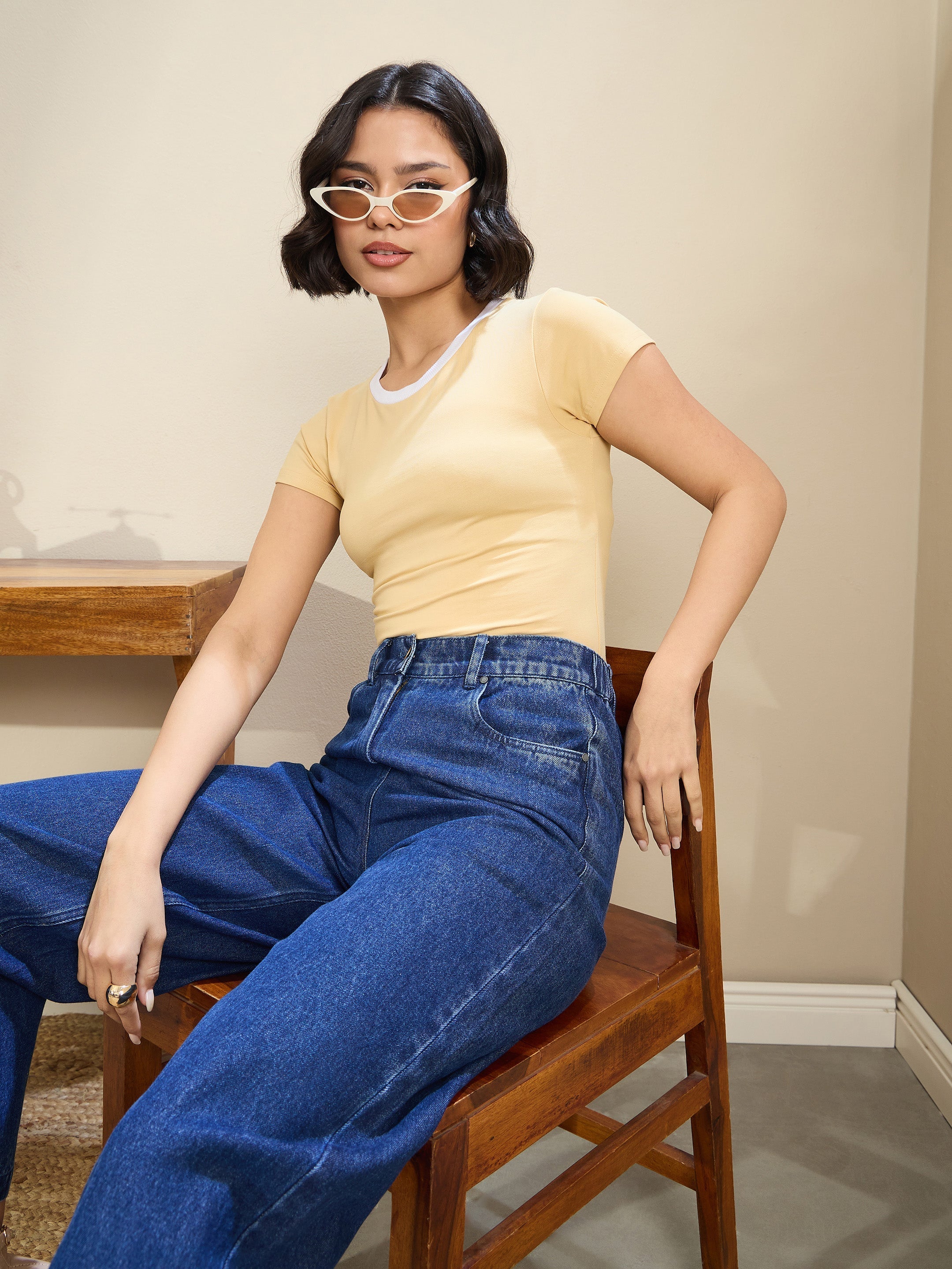 Women Beige Contrast Round Neck Crop T-Shirt-SFTOPS42174
