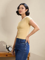 Women Beige Contrast Round Neck Crop T-Shirt-SFTOPS42174