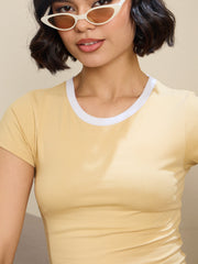 Women Beige Contrast Round Neck Crop T-Shirt-SFTOPS42174