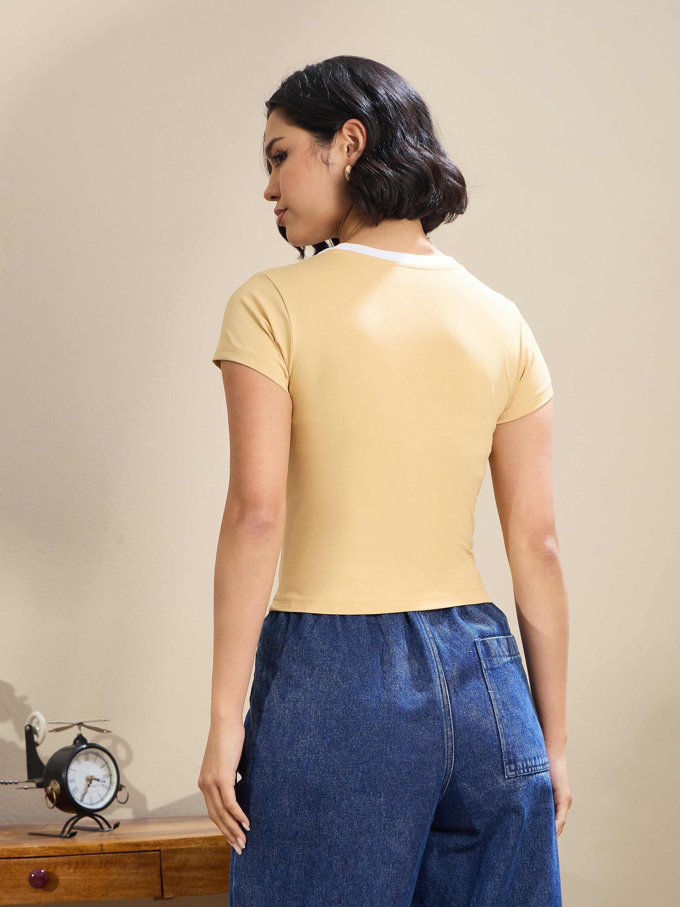 Women Beige Contrast Round Neck Crop T-Shirt-SFTOPS42174