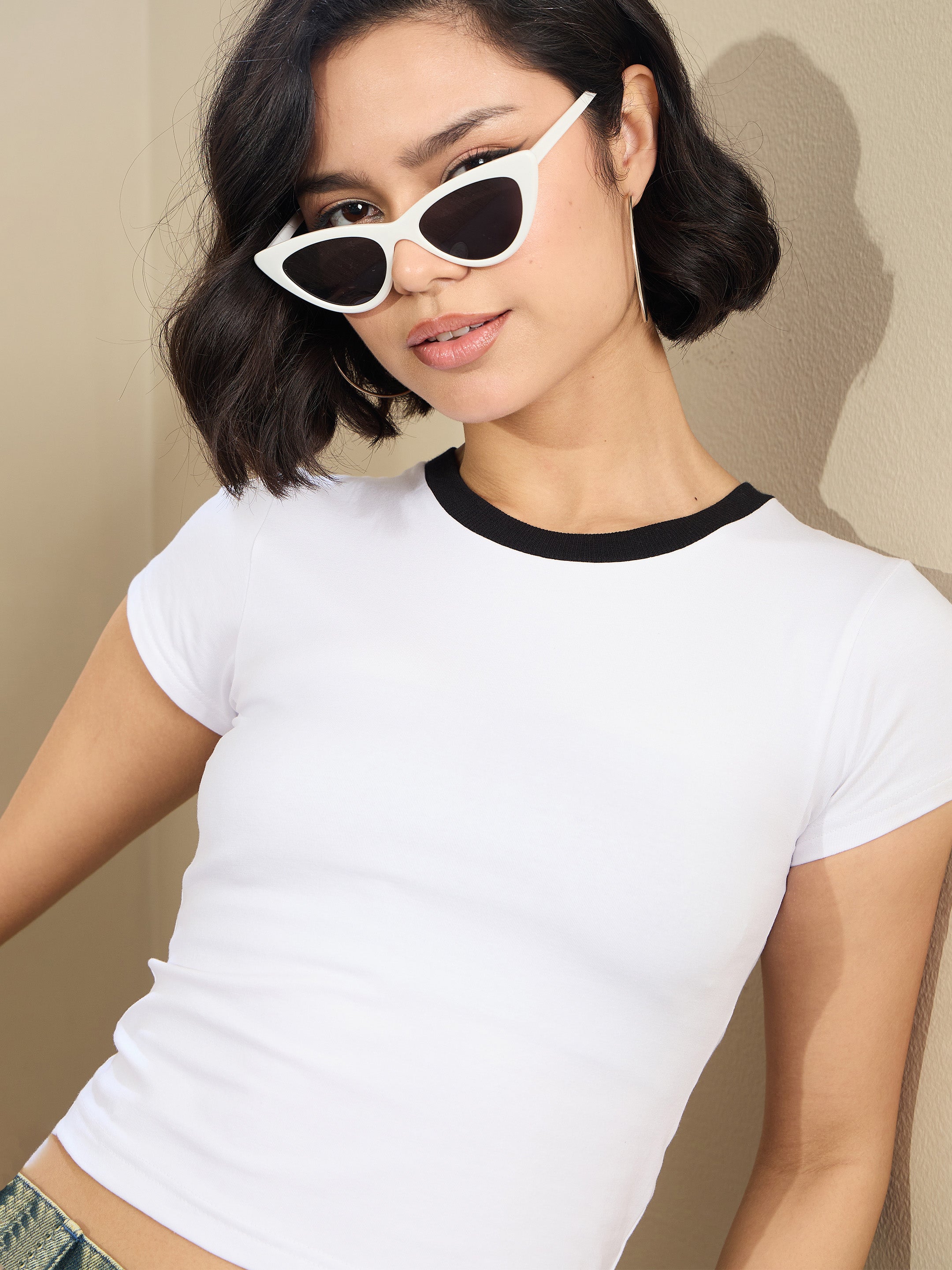 Women White Contrast Round Neck Crop T-Shirt-SFTOPS42175