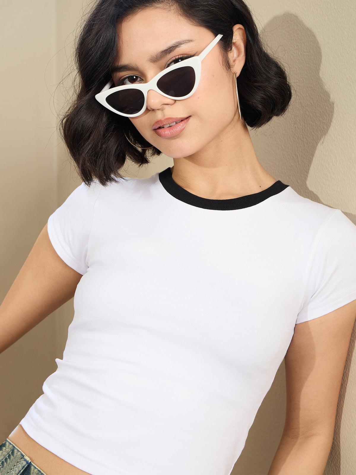 Women White Contrast Round Neck Crop T-Shirt-SFTOPS42175