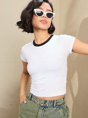Women White Contrast Round Neck Crop T-Shirt-SFTOPS42175