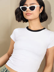 Women White Contrast Round Neck Crop T-Shirt-SFTOPS42175