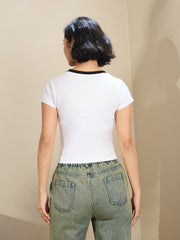 Women White Contrast Round Neck Crop T-Shirt-SFTOPS42175
